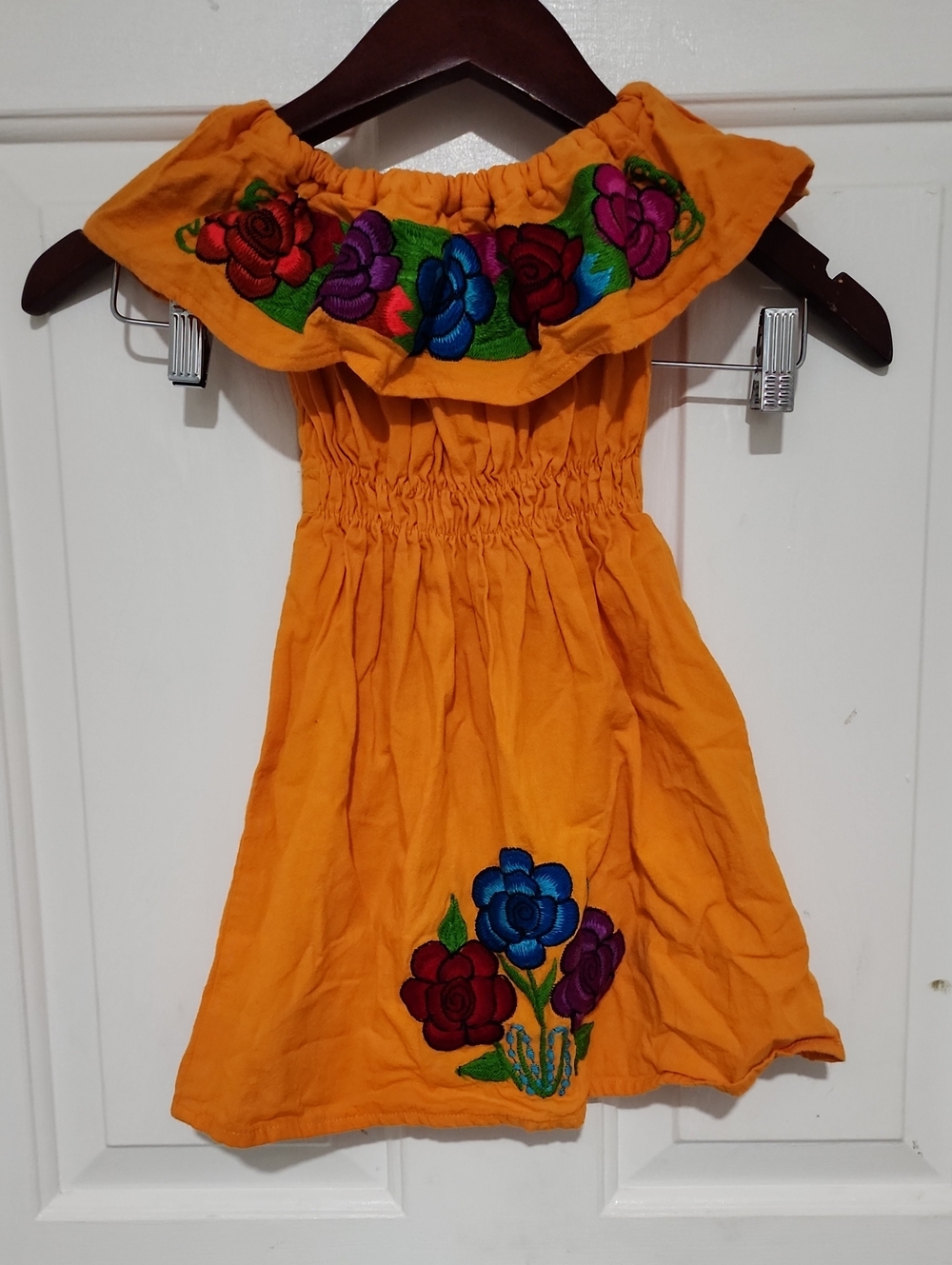 Girls Orange Embroidered Off-Shoulder Dress